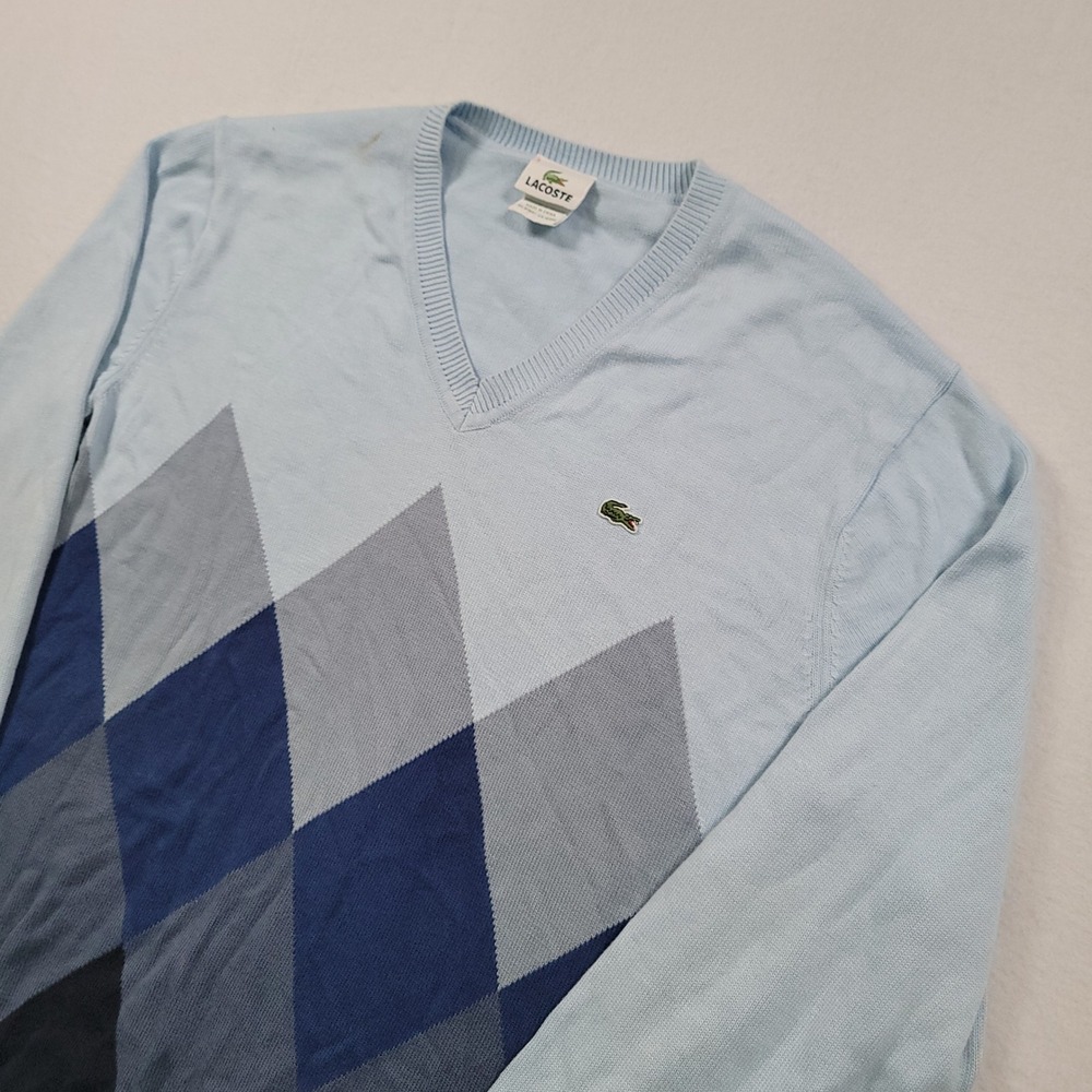 Lacoste Argyle V-Neck Sweater Mens 5 L Blue Grey Cotton Knit Classic Pullover